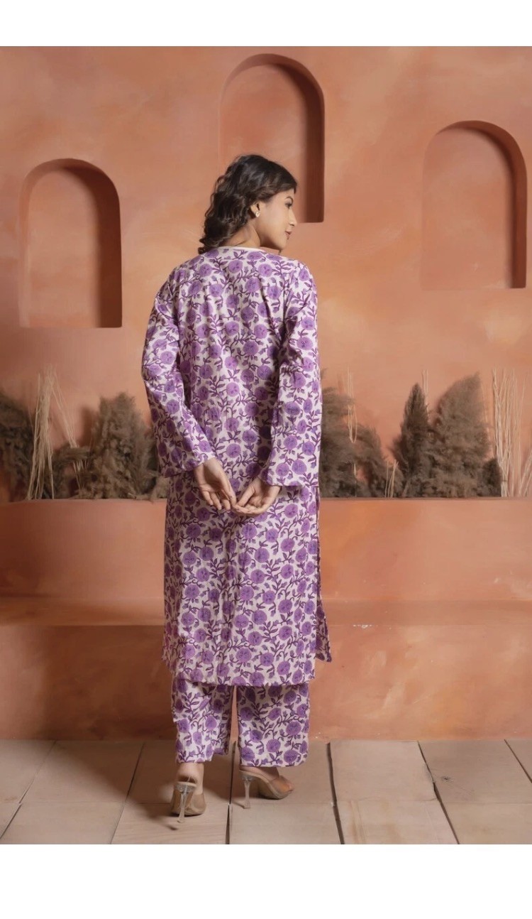 Purple Floral Cotton Co-ord Set, Hand Block Printed Kurta & Pants, Long Sleeve