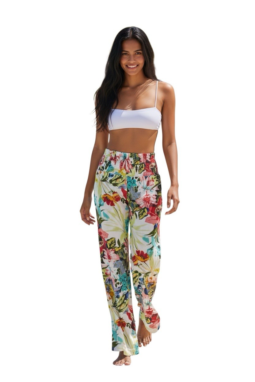 Floral Tropical Beach Palazzo Pants | Wide Leg Smocked Waist | Size Medium | EUC