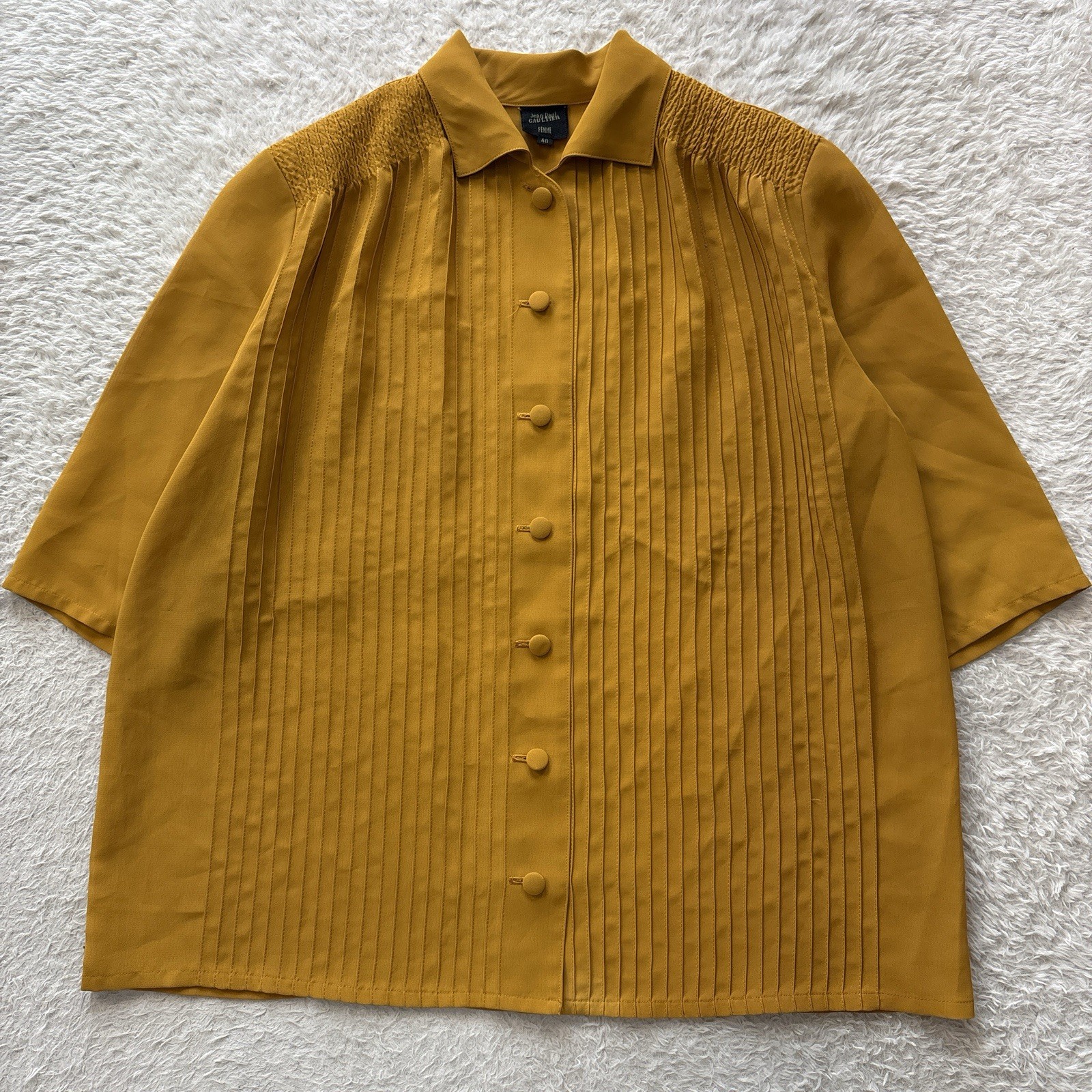 Jean Paul GAULTIER FEMME 90s VTG Pintuck sheer shirt Mustard yellow