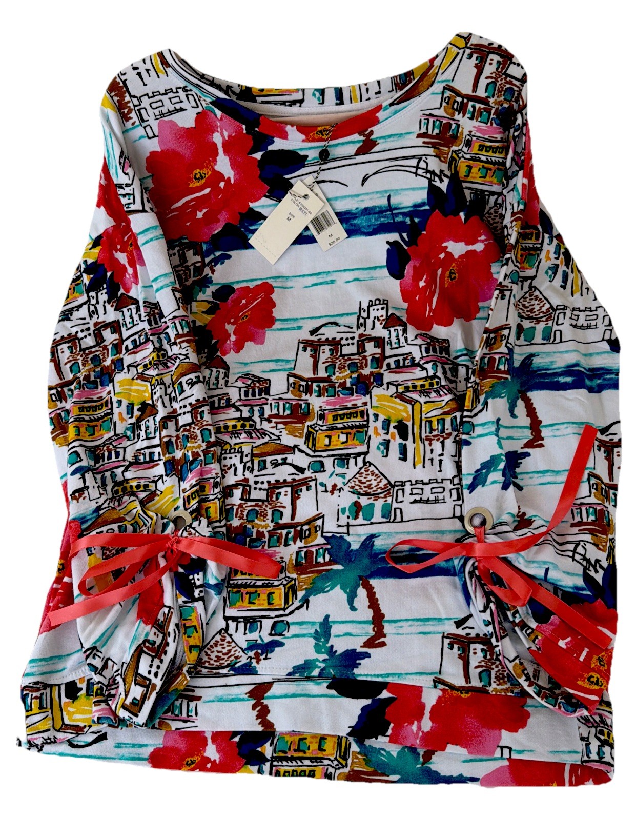 Knit Chic/Kaktus/Long Sleeve Scenic Mediterranean Cityscape Printed Tunic/M/NWT