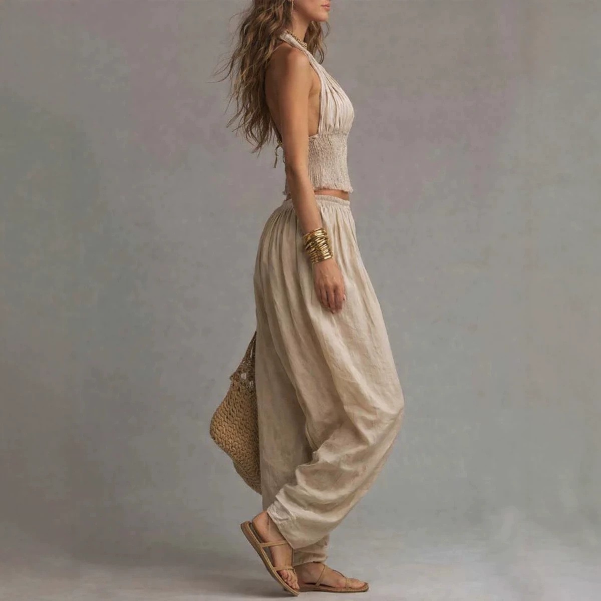 Sleeveless Backless Halter Top And Wide-leg Pants Two-piece Set