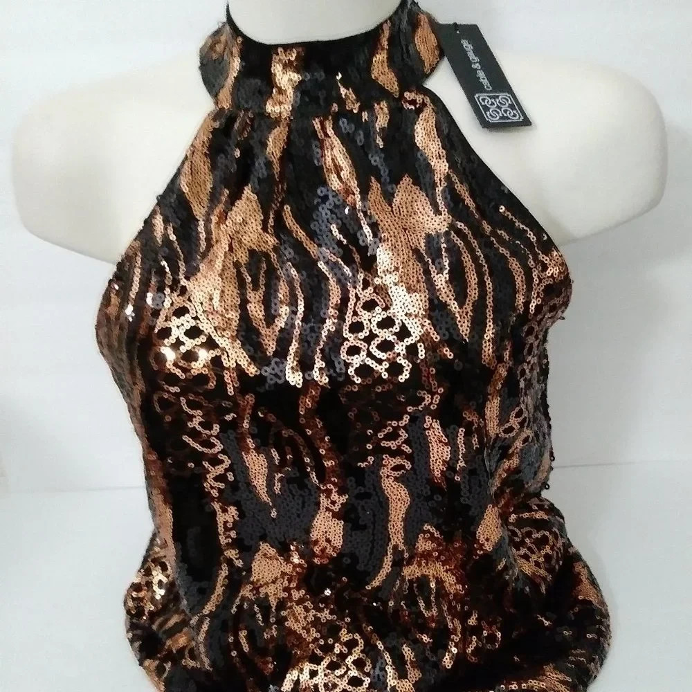 Cable & Gauge Black Gold Sequin Halter Top XS