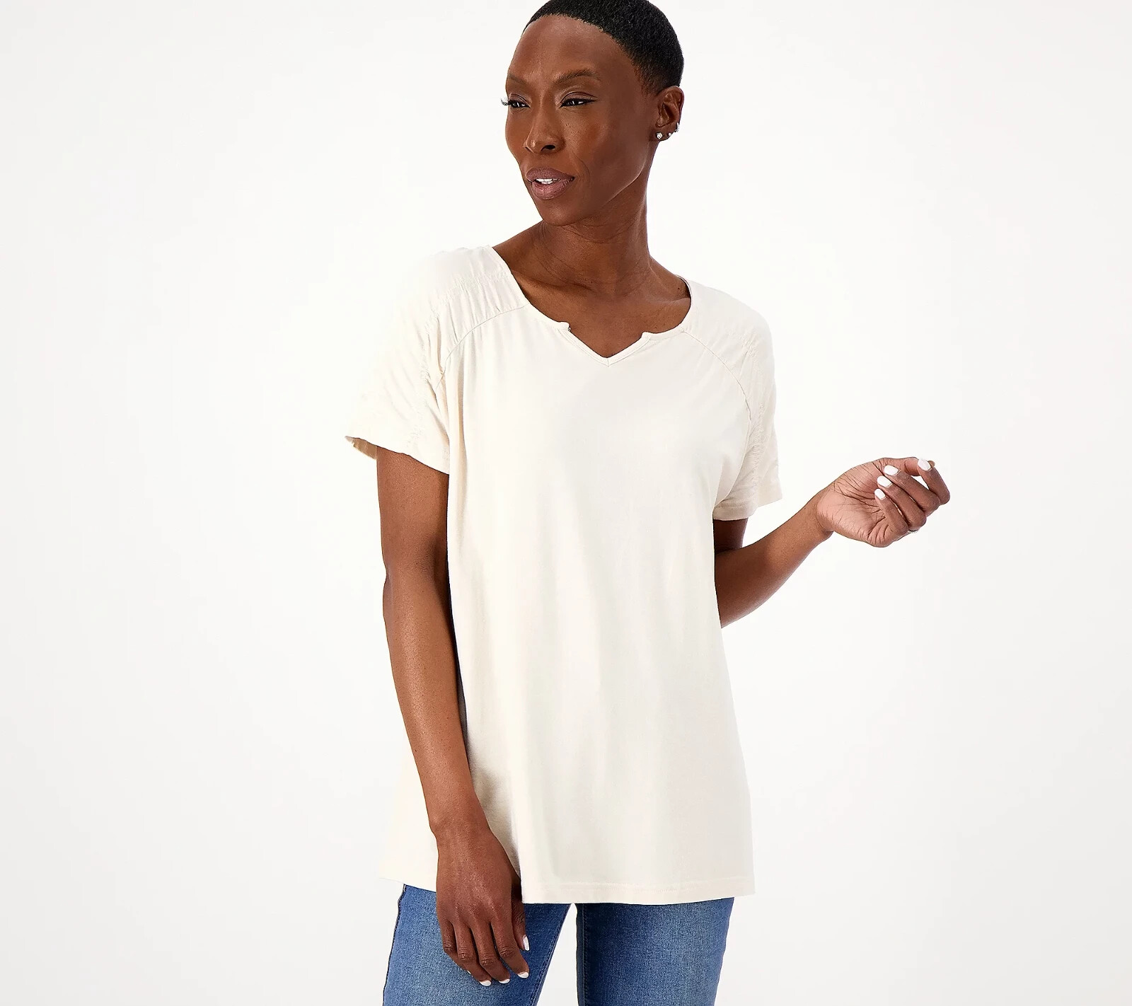 Laurie Felt Cotton Rayon Made From Bamboo Smocked Shoulder Tee Almond 1X A601913