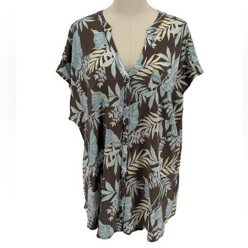 Torrid 100% Rayon Brown Button Up Blouse w/ Blue, Yellow, & Pink Floral (Size 2)
