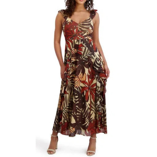 Siena Chiffon Ruffle Maxi Dress Womens Size 1X Chocolate Cream Red NWT Event