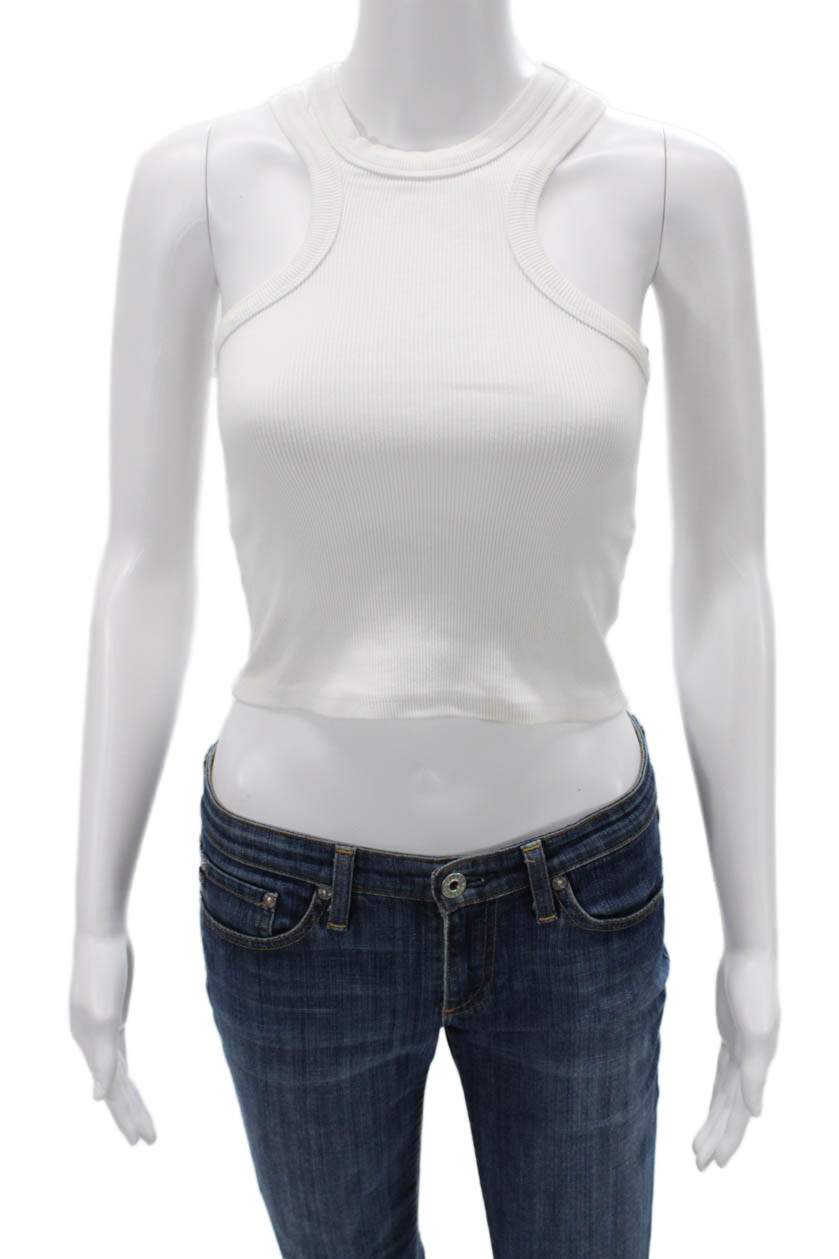 Zara Women Cropped Sleeveless Tank High Neck White 92% Nylon 8% Spandex Size S