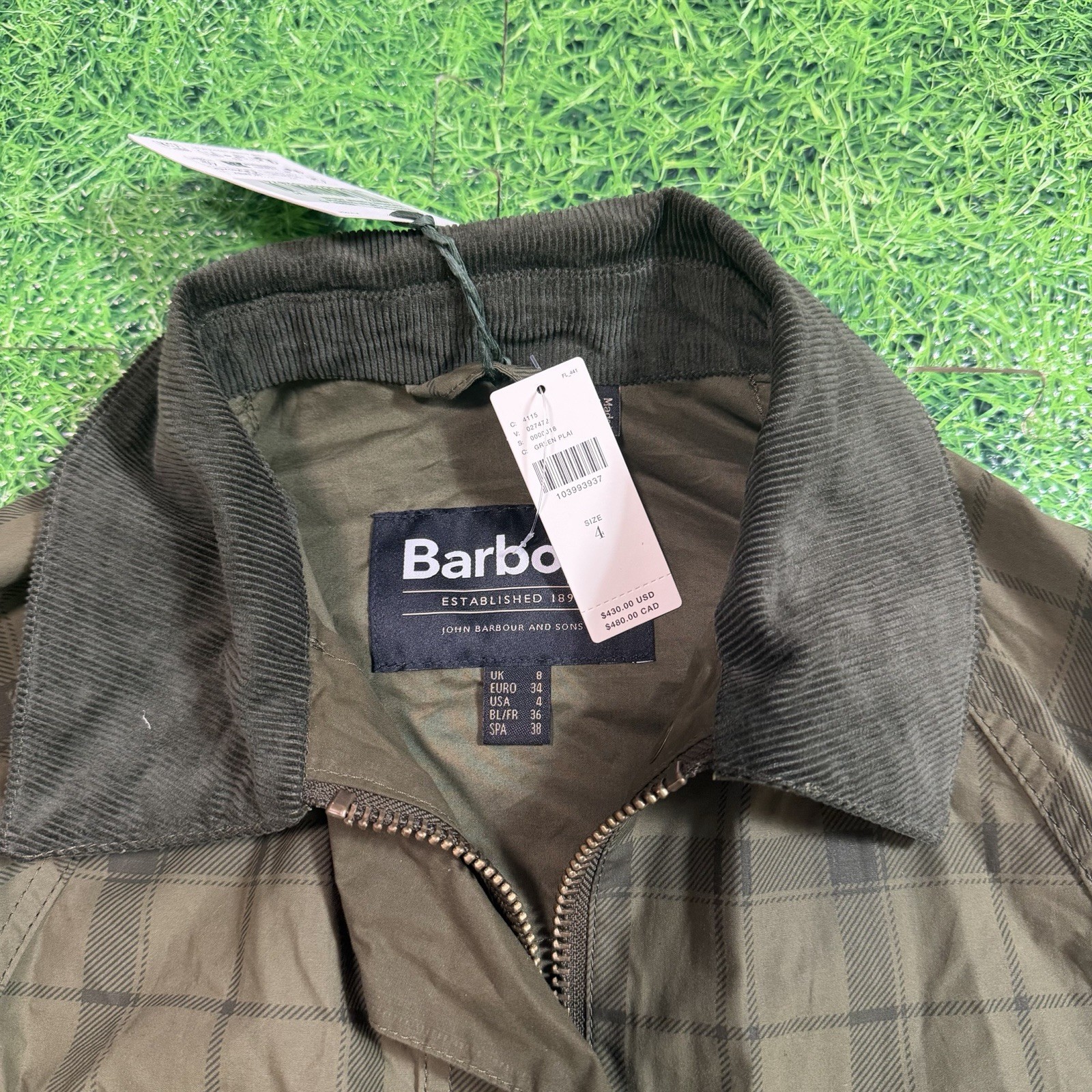 NWT Barbour Green Tartan Cropped Beadnell Casual Jacket Size 4 21×22 Inches