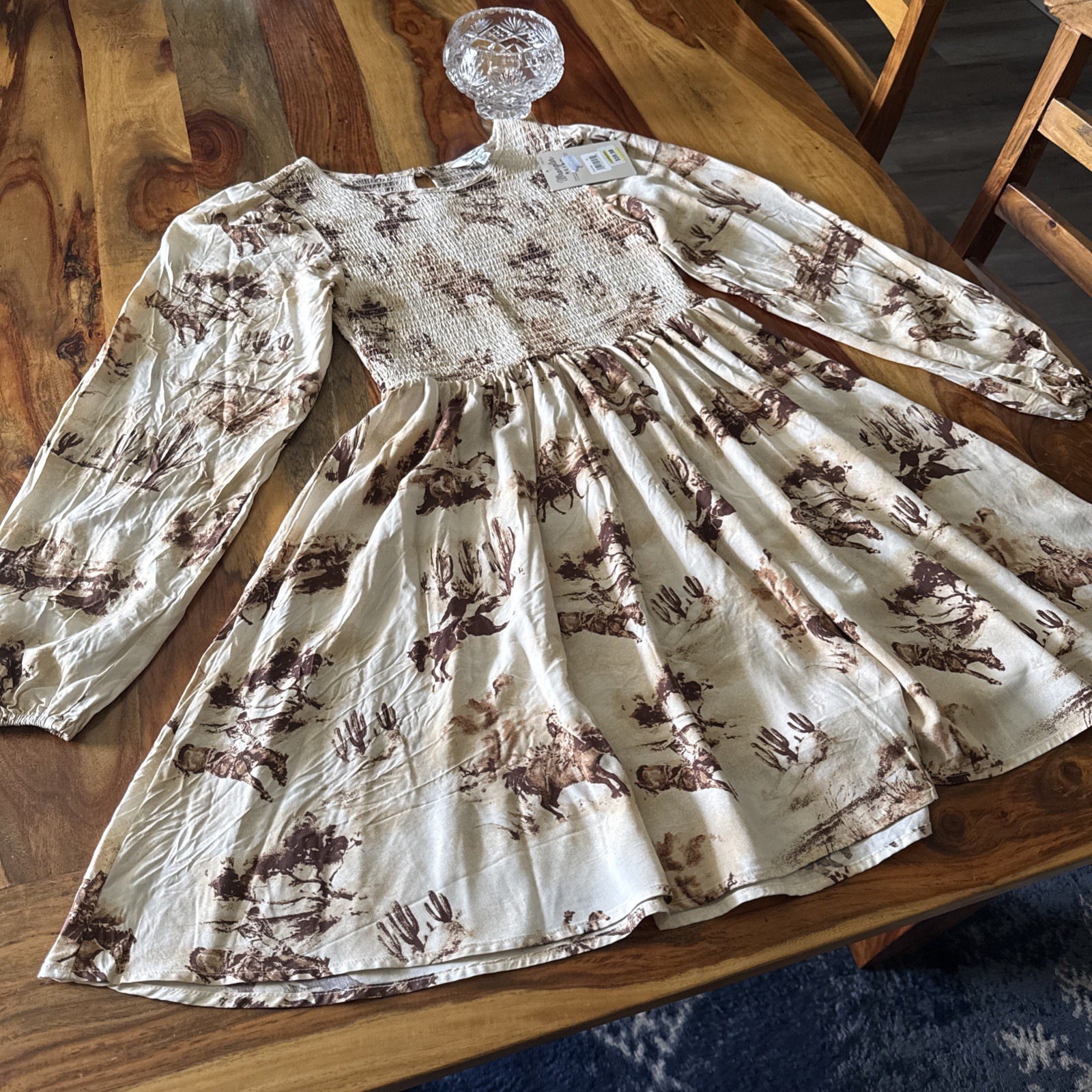 NWT Wrangler Retro Western Printed Long Sleeve Smocked Fit Flare Dress Size M