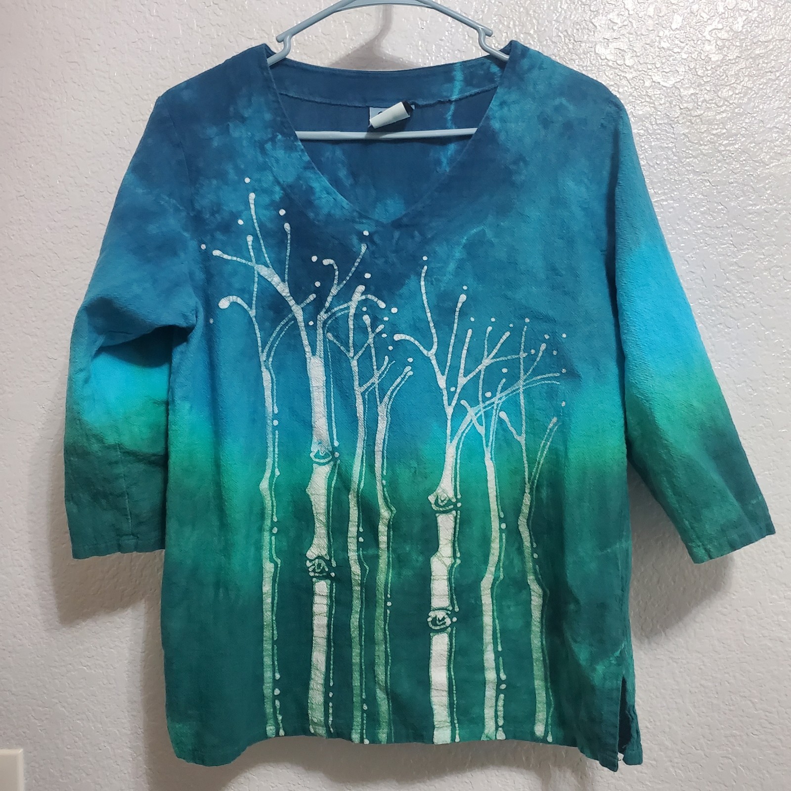 Grebe Batik Top Women S Blue Green Trees Cotton Gauze 3/4 Sleeve Artsy Boho