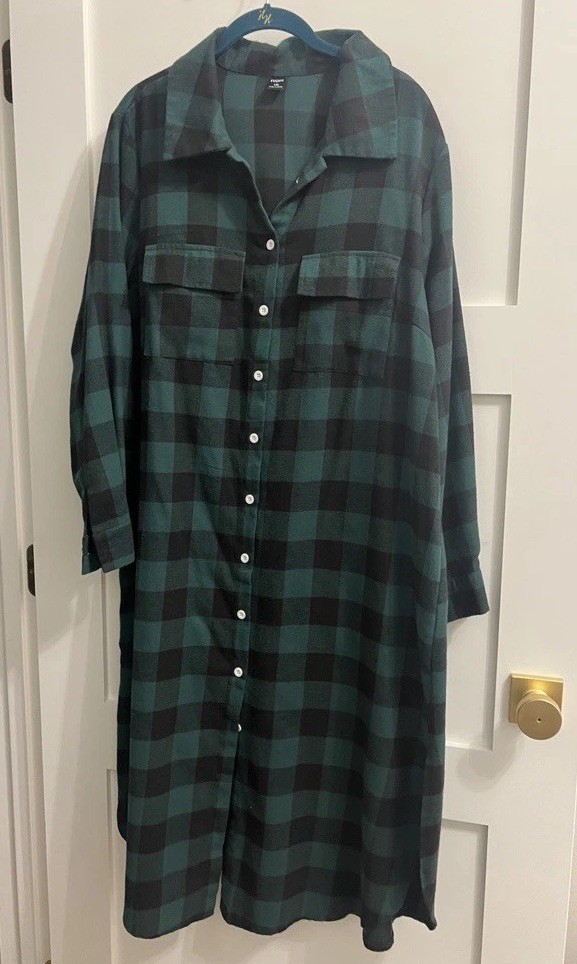 Flannel Green Checkered Dress Sz 1X Modest Maxi Sleep Wear House Green Black