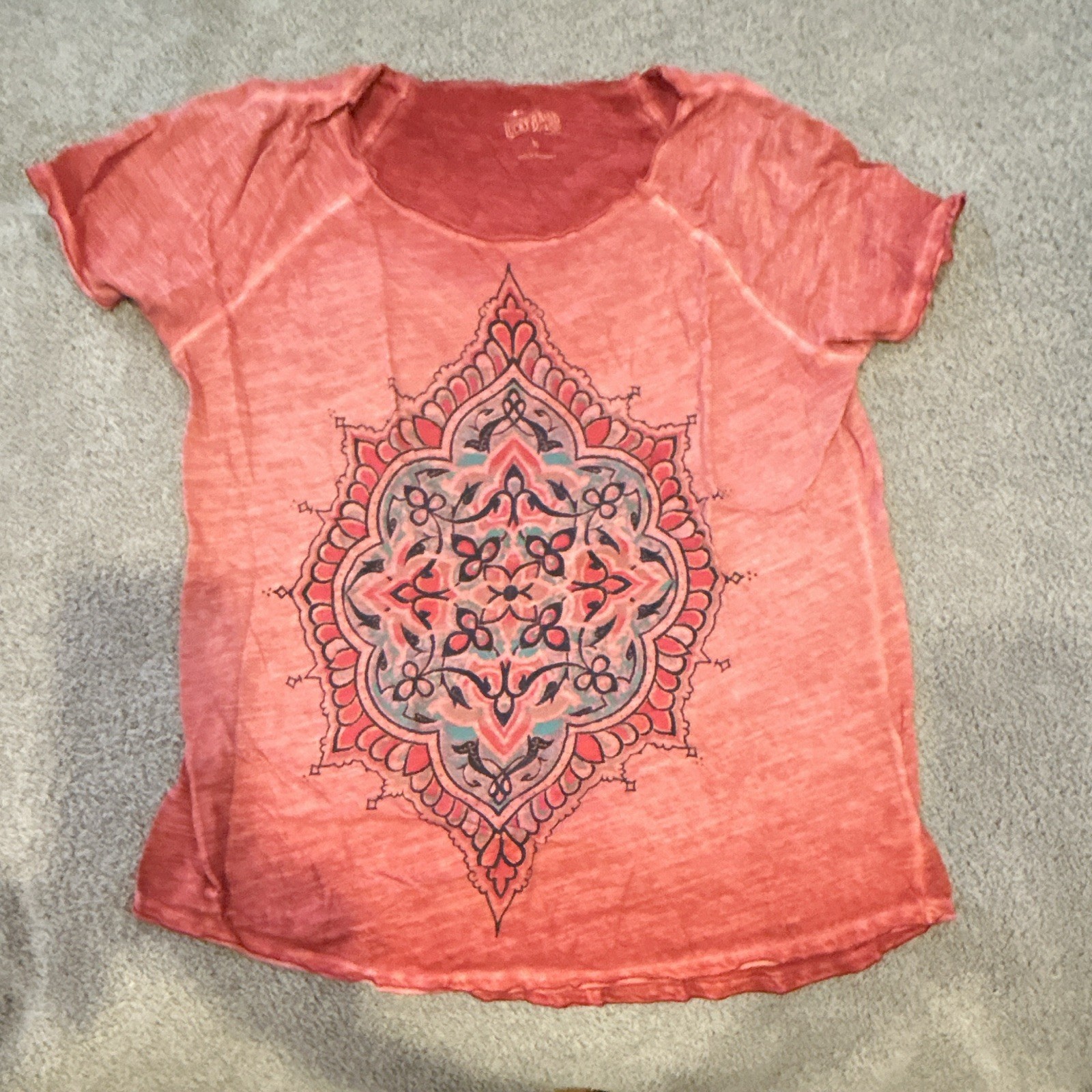 Lucky Brand Original Quality Goods T-shirt Women XL Orange Graphic Print.#44557