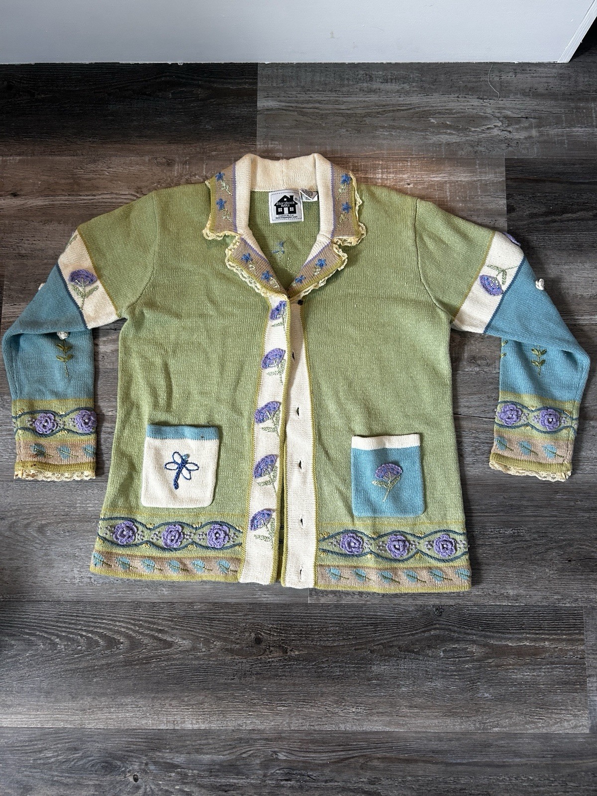 Green/Blue Floral Embroidered Button Front Collared Knit Cardigan Pockets
