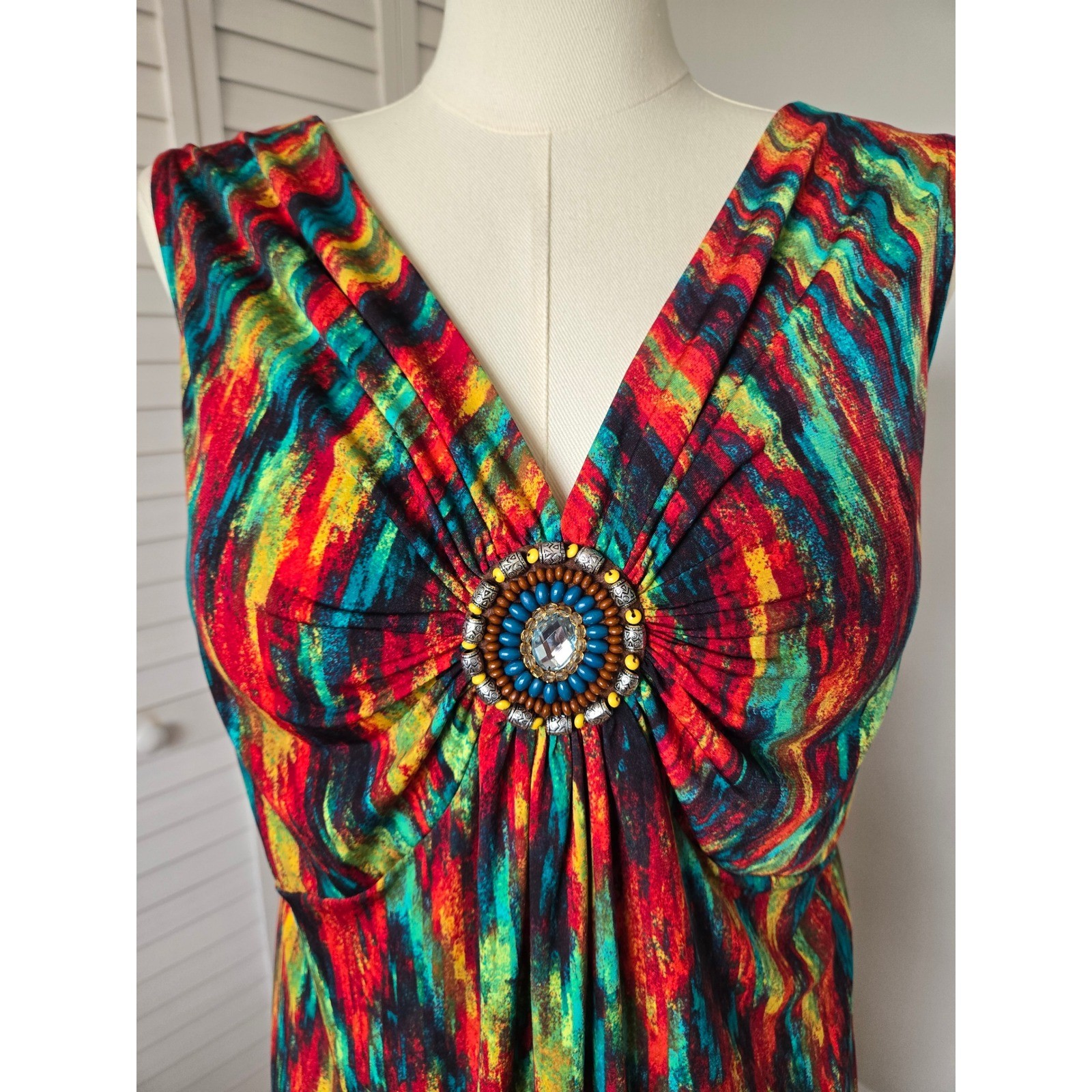 Catherines Multicolor Abstract Beaded Medallion Maxi Dress 2X Boho Eclectic