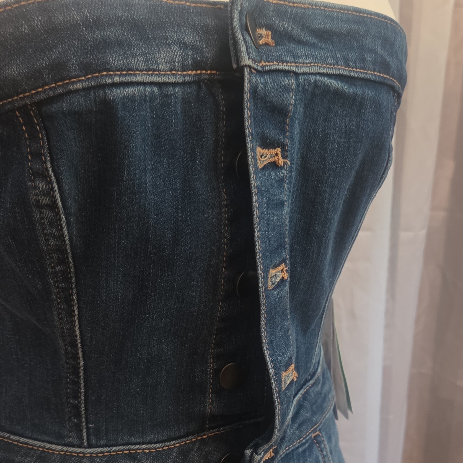 Women’s Strapless Blue Denim Sheath Dress Button Front Pockets Knee Length L