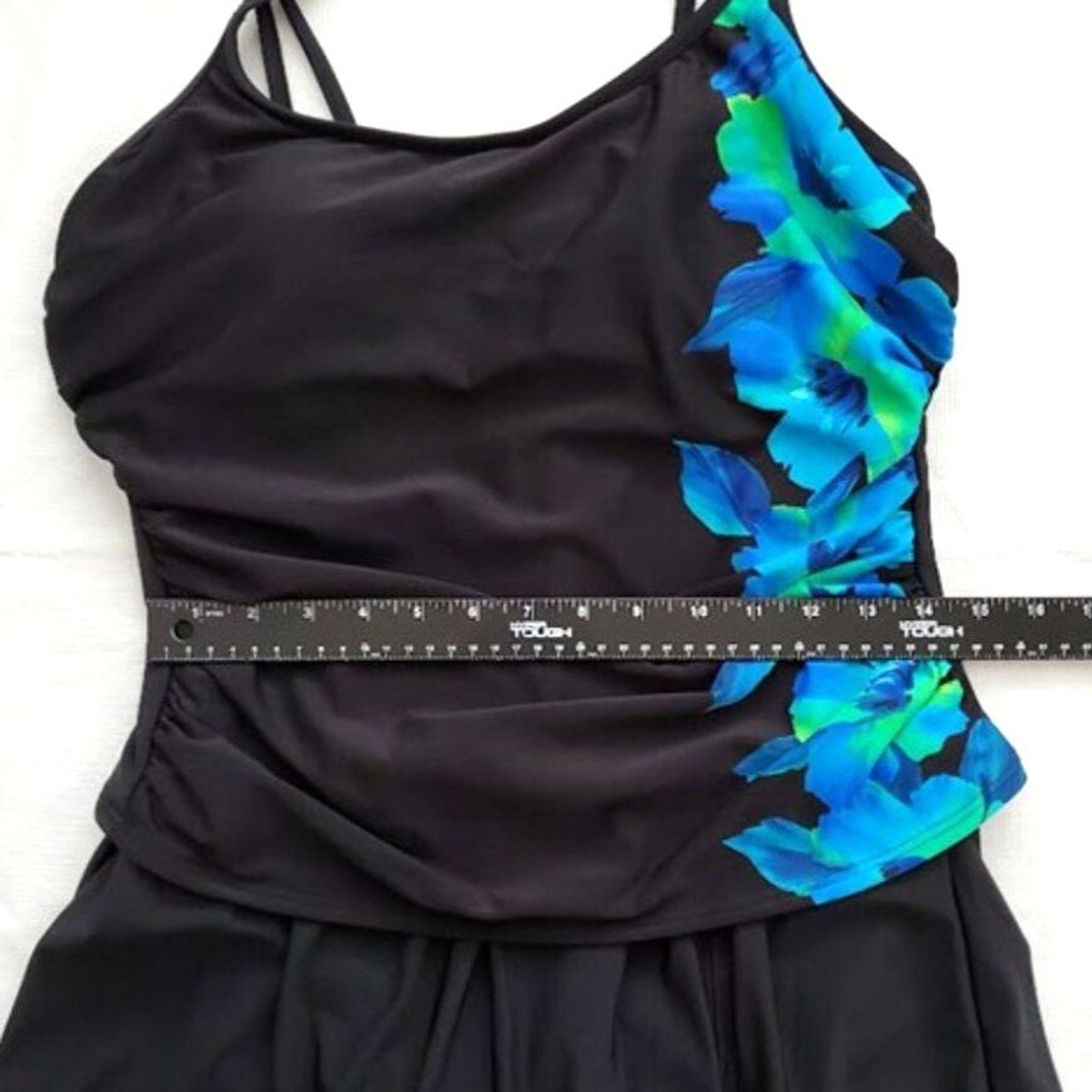 MIRACLESUIT 1-PC Swimdress 14L Black Blue Floral NWOT Hygienic Liner Intact