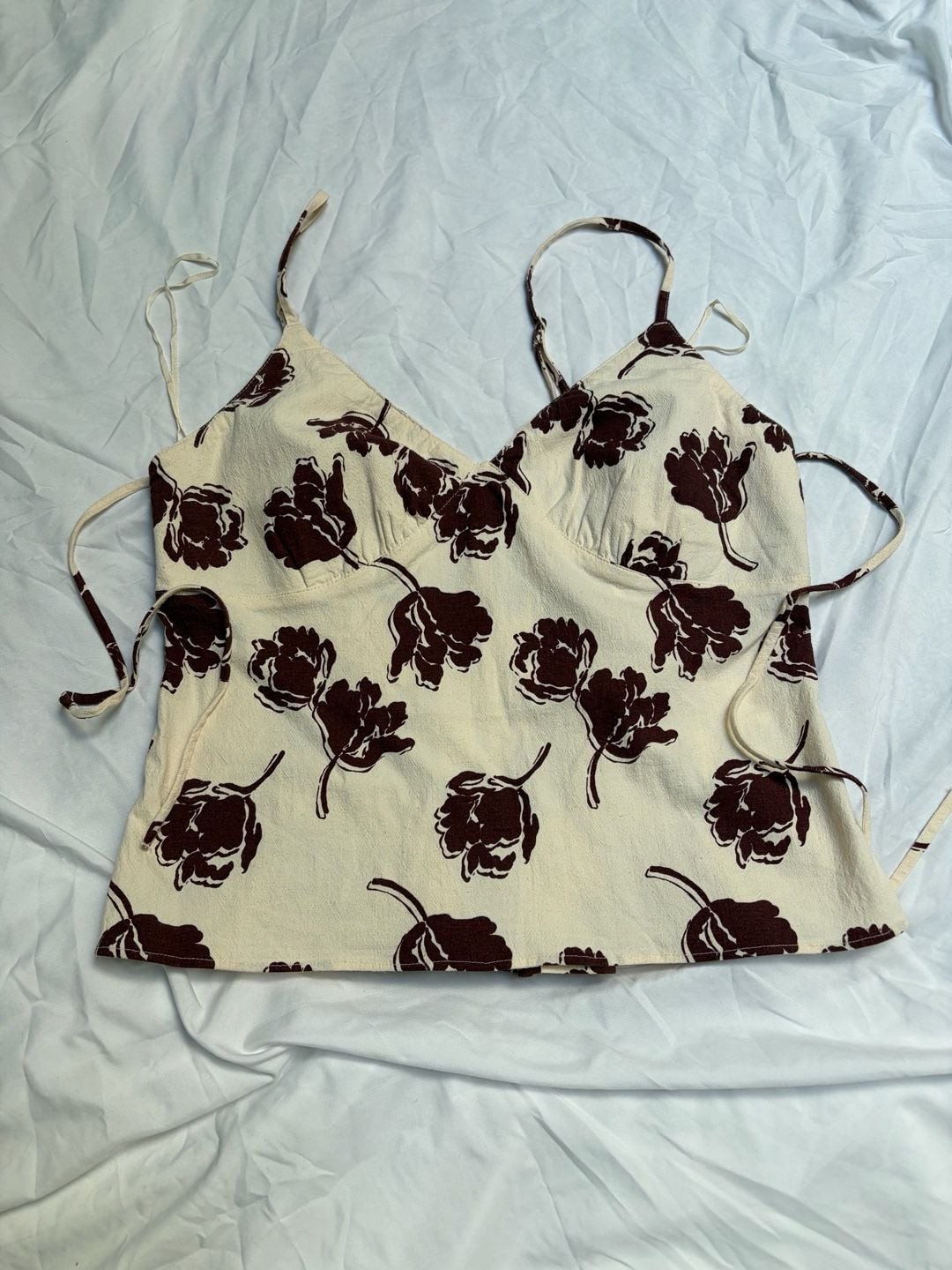 Free People Bittersweet Floral Cami Babydoll Top Women L Cream Chocolate Brown