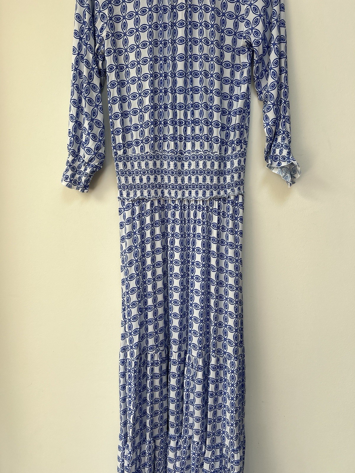 Heidi Klein Blue White Geometric Smocked Waist Resort Maxi Dress Medium 10