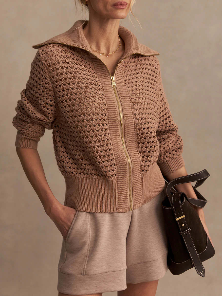 NWT Warm Taupe Varley Eloise Zip-Through Knit Sweater Varley VAR01791, $148 NEW!