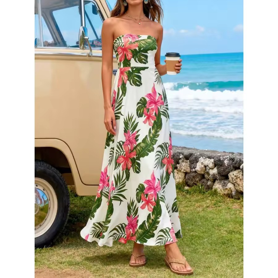 Womens Strapless Tropical Floral Maxi Dress White Summer