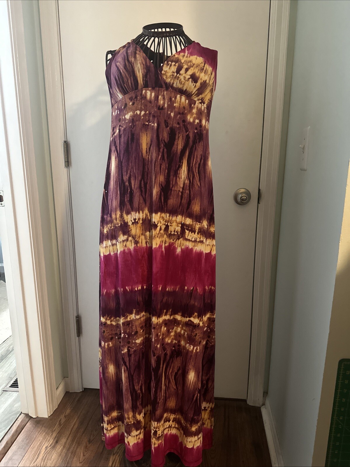 a buyer M gold magenta purple tie dye maxi halter dress