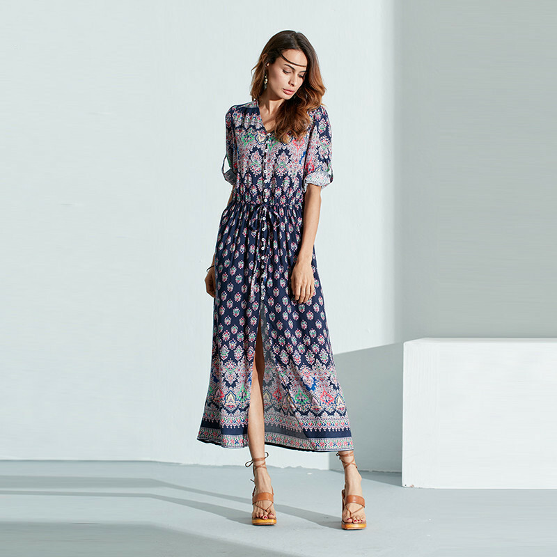 Women’s Casual Sundress Boho Beach Slit Long Maxi Floral Summer Beach Dress