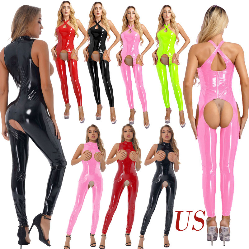 Woman’s Hollow Bodysuit Open gear Jumpsuit Latex Shiny Leggings Catsuit Romper