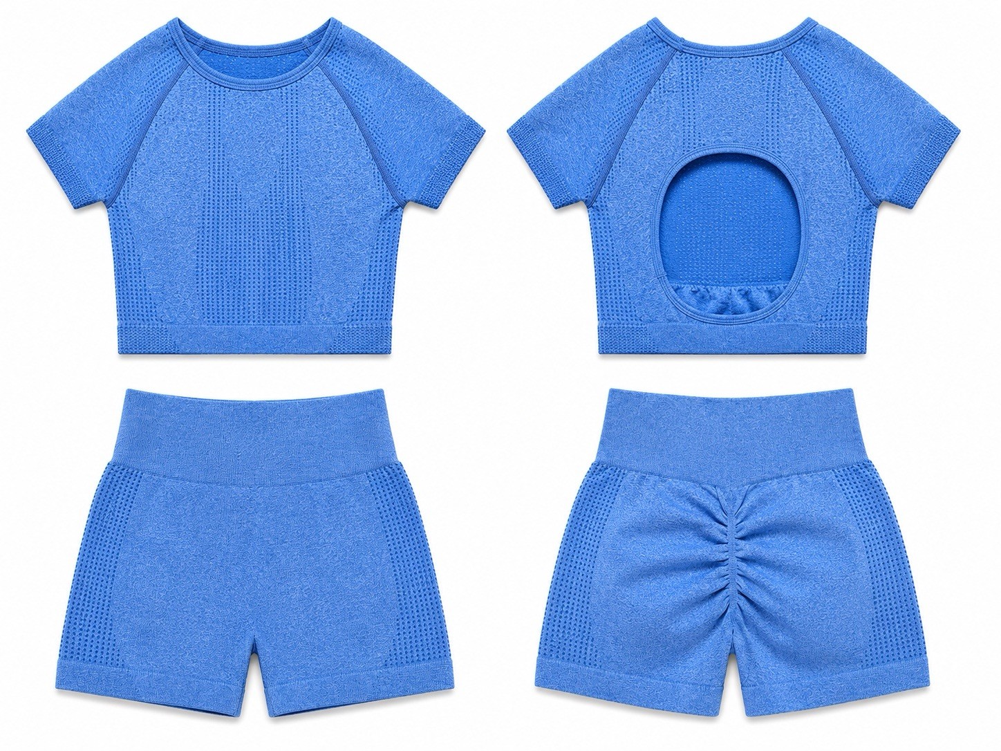Women’s Blue Seamless 2-Piece Activewear Set: Short Sleeve Top & Shorts