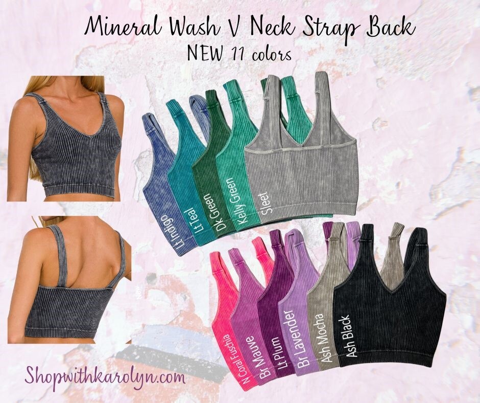Zenana Ribbed Mineral Wash V Neck Bralette NEW 11 colors Crop top S-XL 32A-40DD