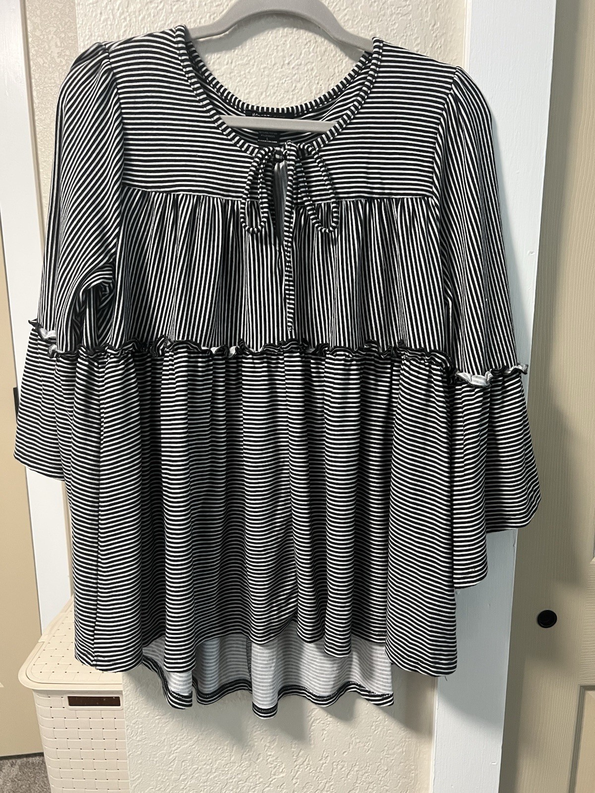 Robert Louis Black and White Striped Tie Neck Ruffled Top Size L