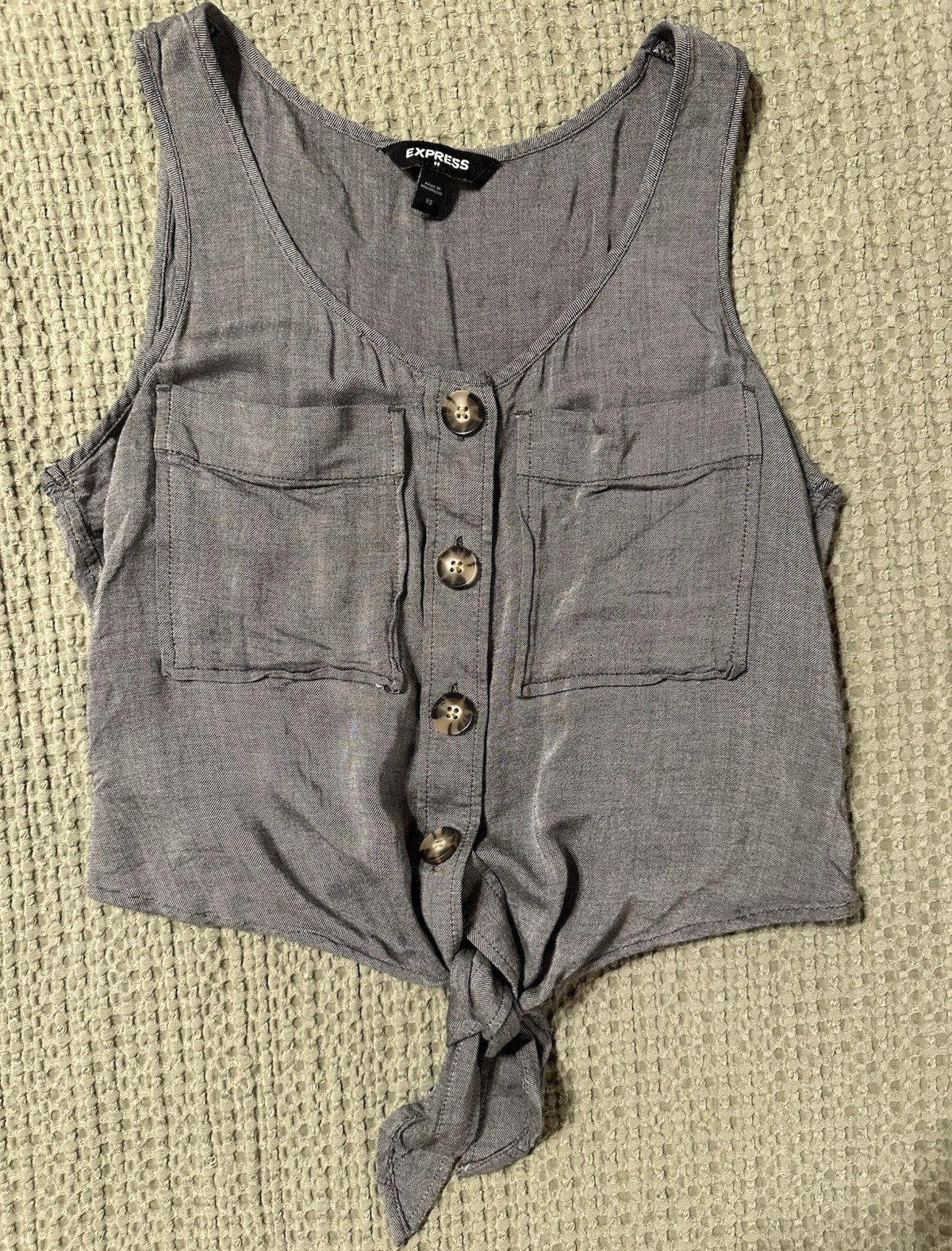 Express XS Gray Rayon Solid V-Neck Sleeveless Button Front Tie Tank w/ Pockets
