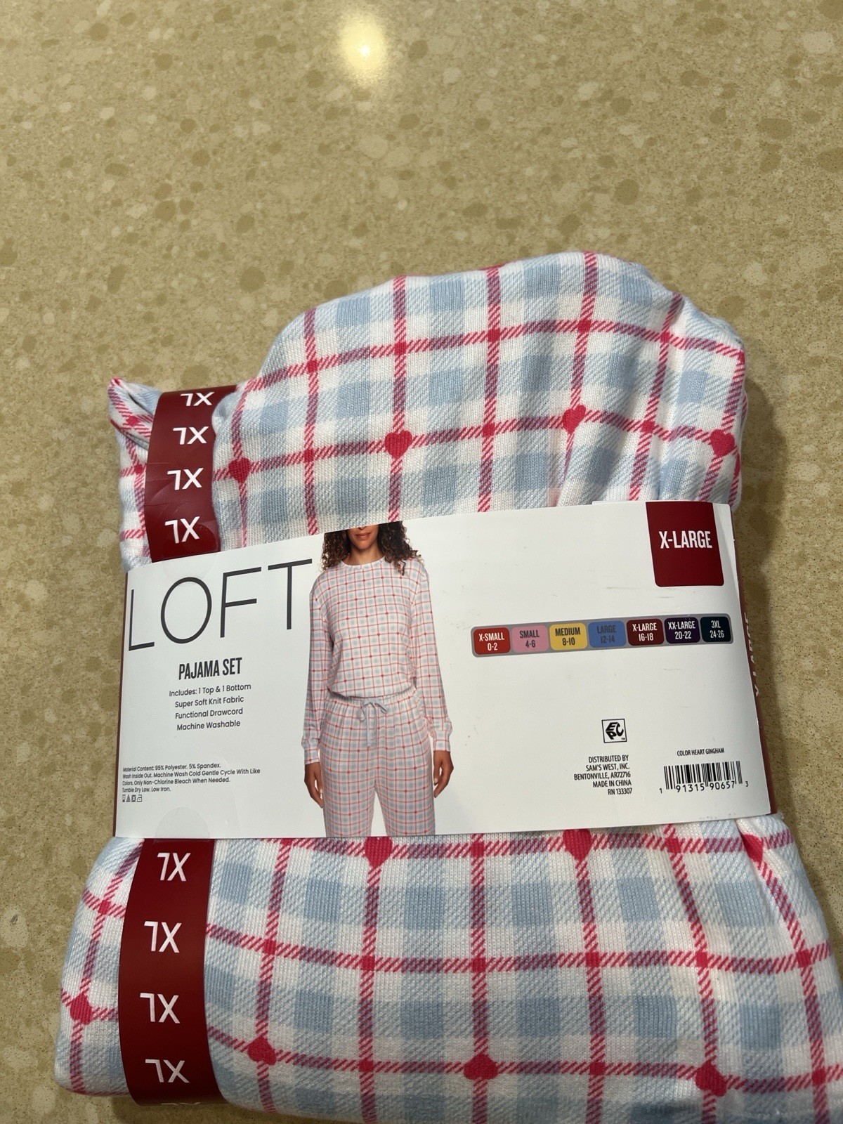 LOFT Sleep Womens XL 2-Piece Pajama Set Heart Gingham Blue/White/Pink Knit