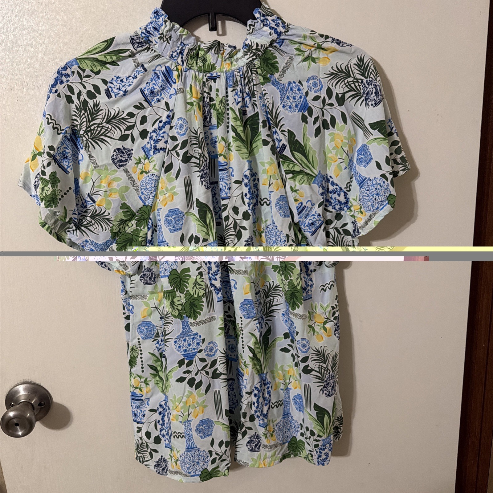 Crown & Ivy Blue White Ginger Jar Lemon Print Ruffle Cotton Blouse Size PS