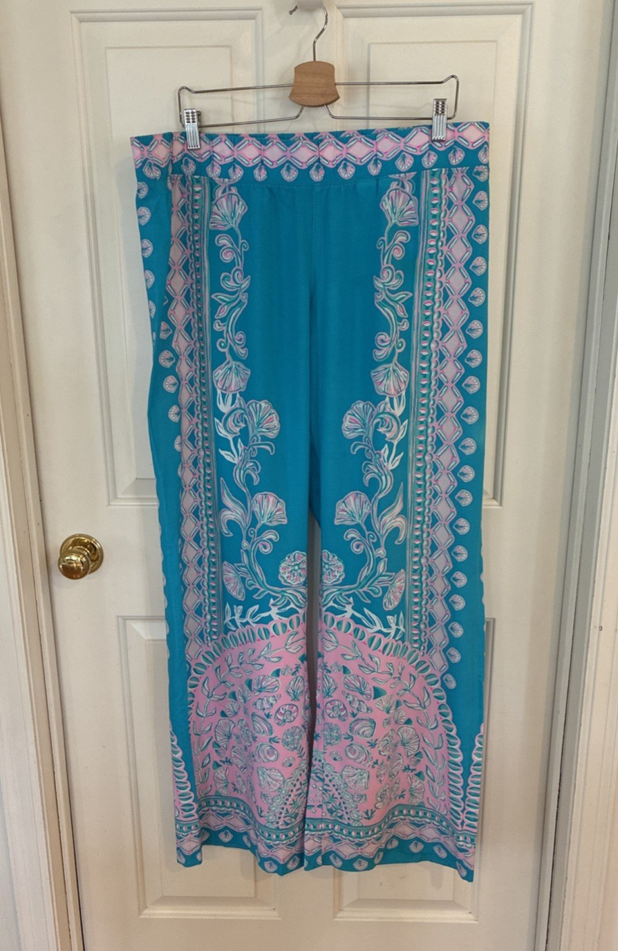 Lilly Pulitzer Bal Harbour Palazzo Turquoise Pink Pants XL Wide Leg Beachy Boho