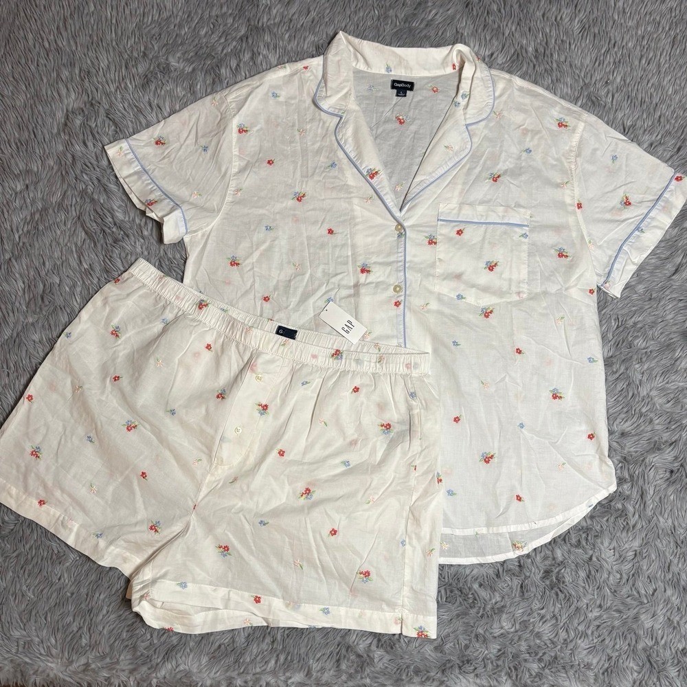 GAP Body Floral Embroidered Pajama Set White Cotton Womens Large Lounge Comfy