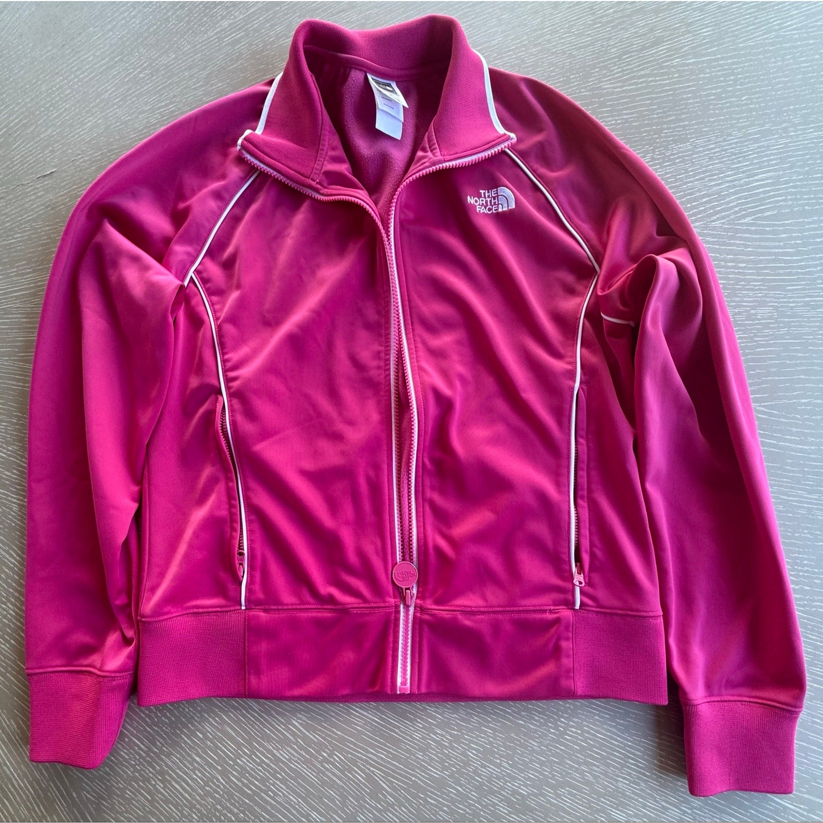 Women’s The North Face Pink Full Zip Track Jacket White Piping Fleece Size L