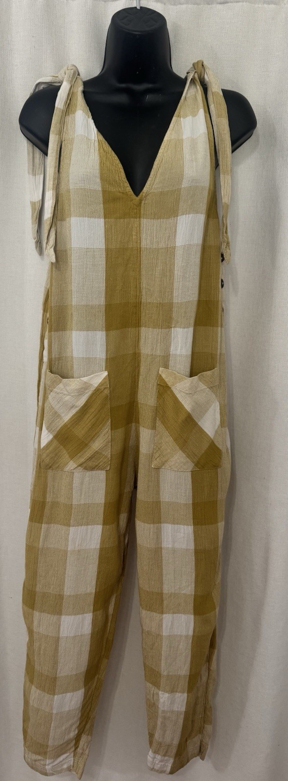 Free People Women’s Jumpsuit Size Med Yellow green Plaid Tie Shoulders Pocket