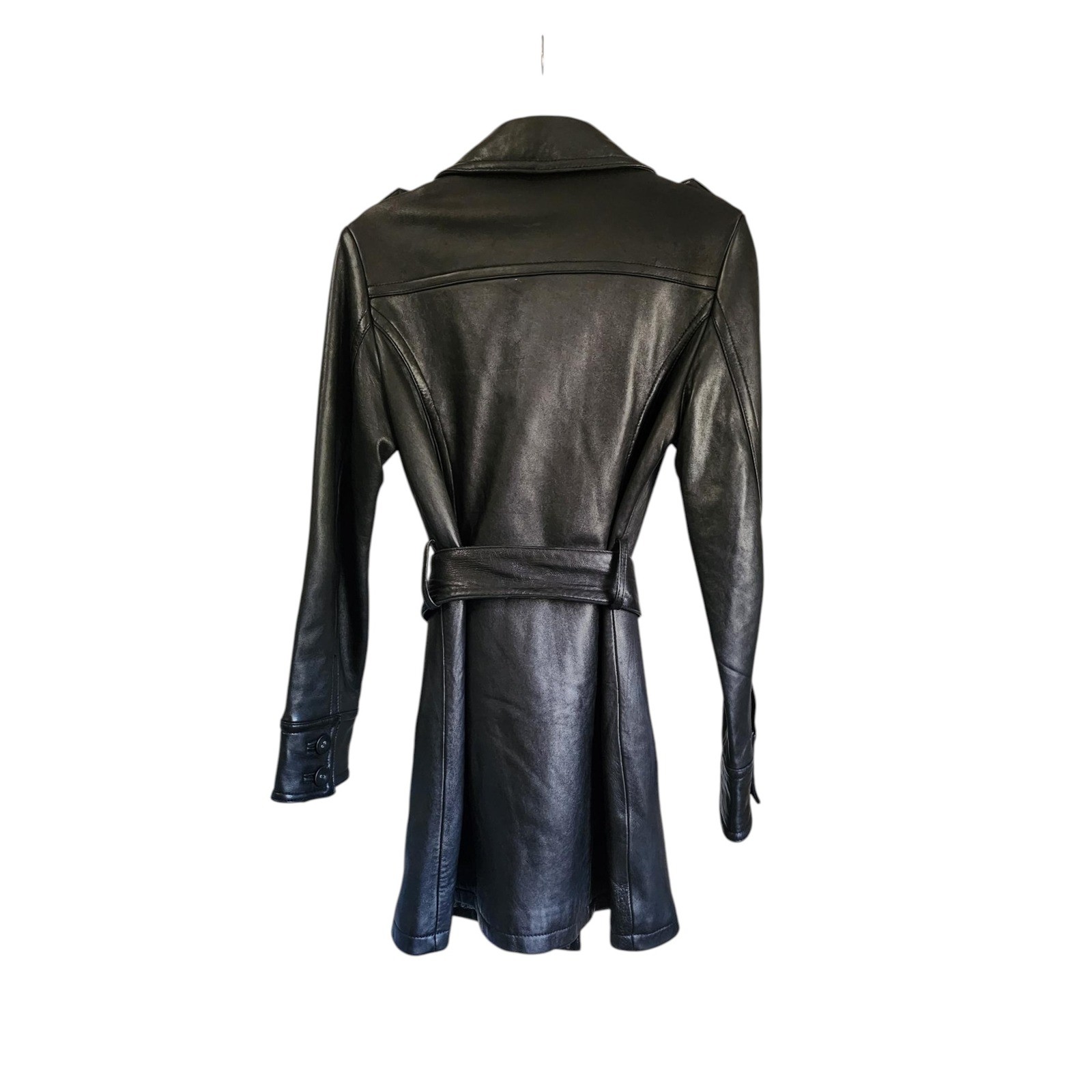 Costa Blanca Womens Black Leather Trench Coat Double Breasted Belted Jacket