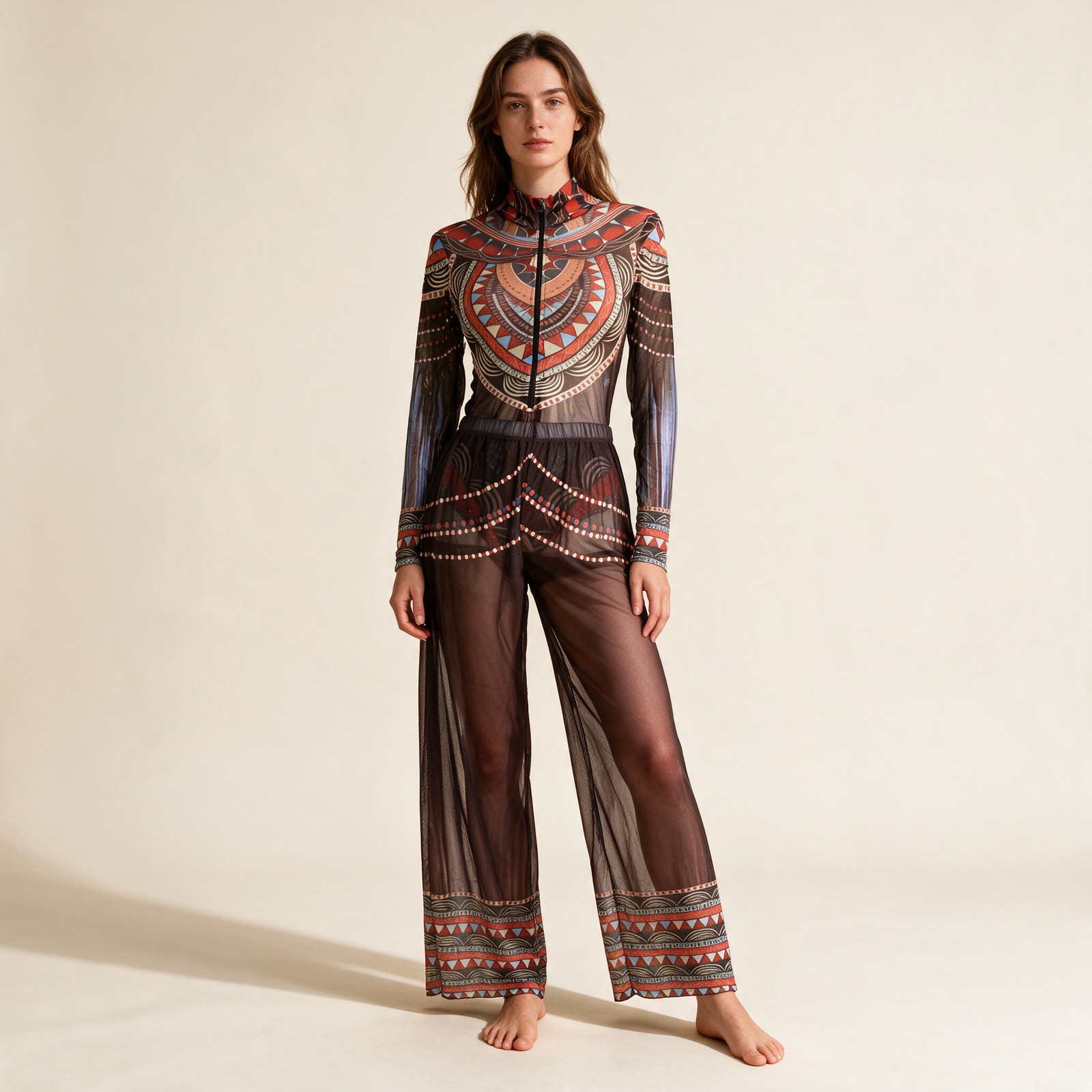 Beach Cover Ups for Women Sheer Mesh Long Sleeve 3 Piece Set Pants Fast Ship US