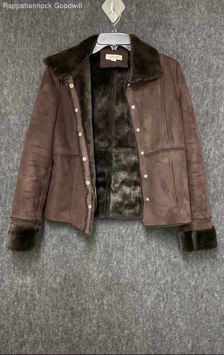 Calvin Klein Women’s Brown Faux Suede Fur Lined Snap Front Jacket Sz XS