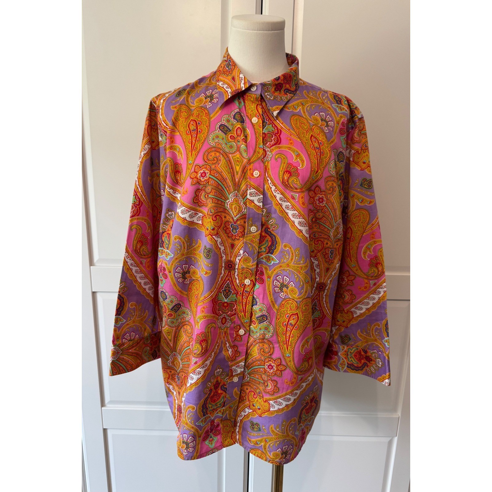 Lauren Ralph Lauren Pink Purple Paisley Cotton Button Down Shirt Blouse 1X