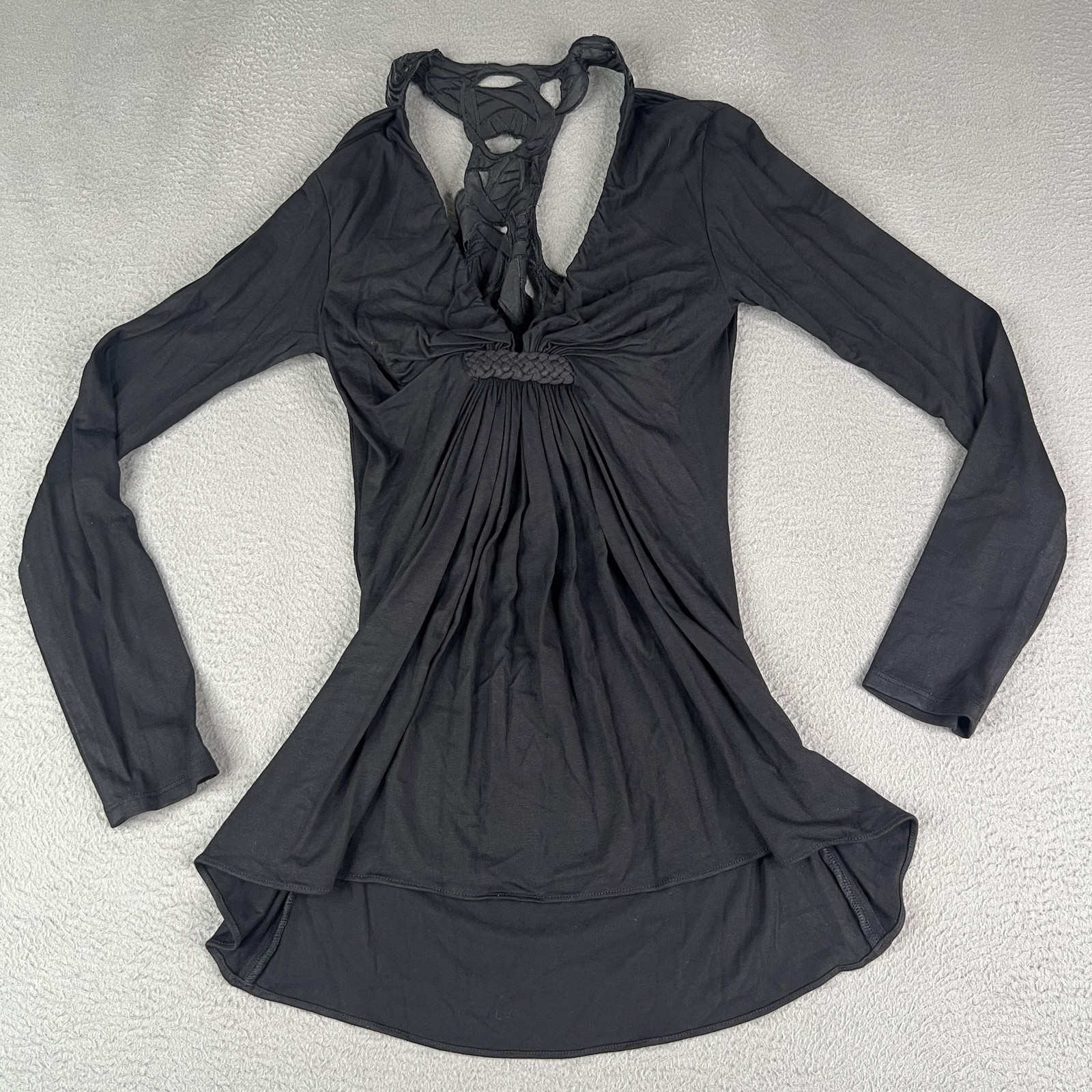 Sky Shirt Womens Small Black Long Sleeve Cowl Neck Open Back Made USA 1109RX