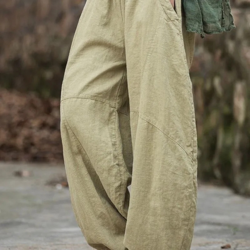 Elegant Women’s Cotton Linen Baggy Cargo y2k Pants Vintage Elastic Waist Trouser