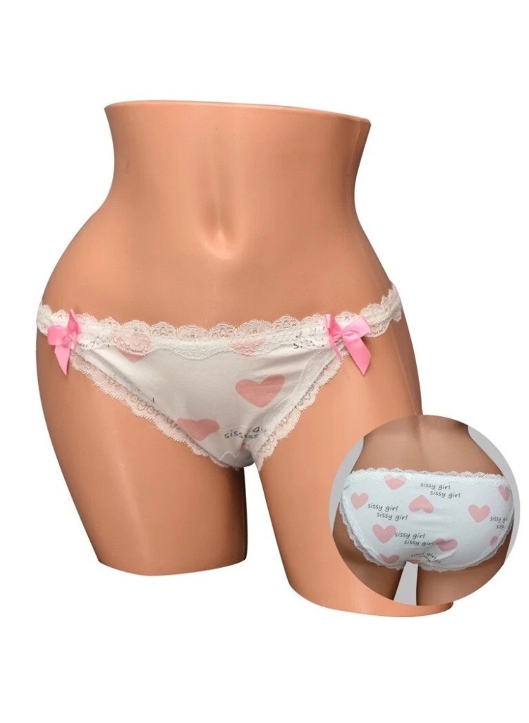 Women’s White & Pink Heart Print Bikini Panties Lace Trim Bow Accents