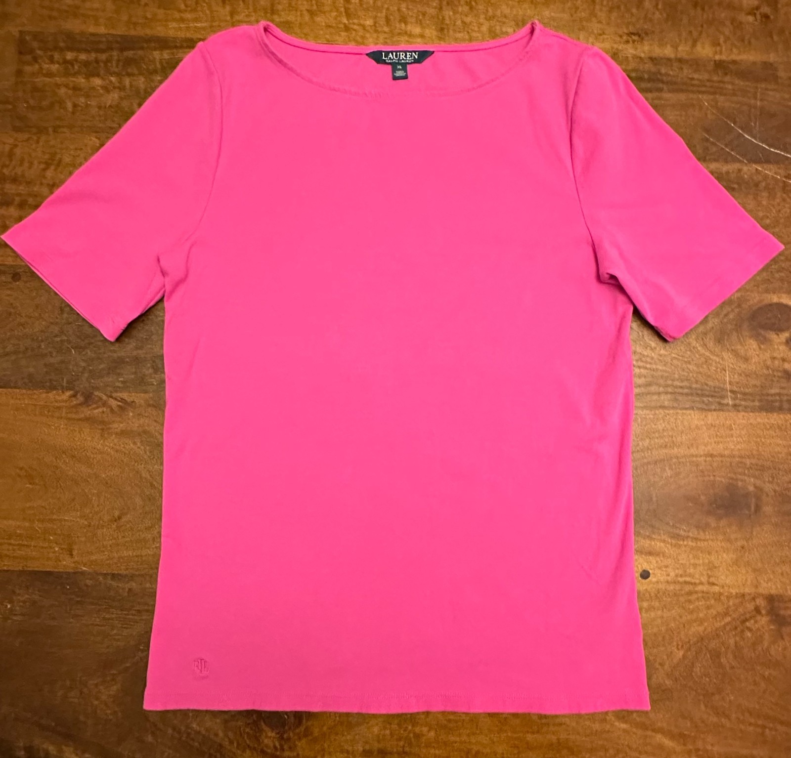 Lauren Ralph Lauren Pink Stretch Cotton Tee T-Shirt Top Elbow-Length Sleeve L XL