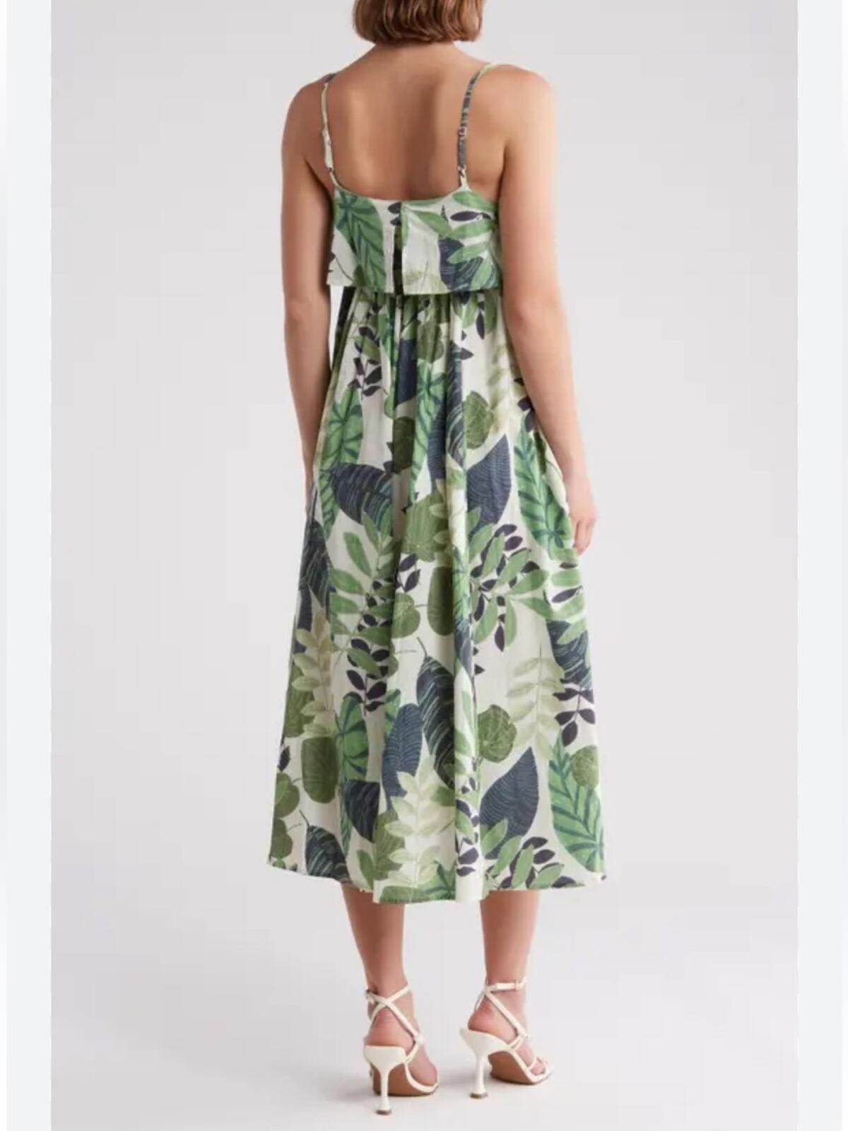 Stitchdrop Green Barbuda Leaf-Print Midi Sundress – Sleeveless Spaghetti Strap