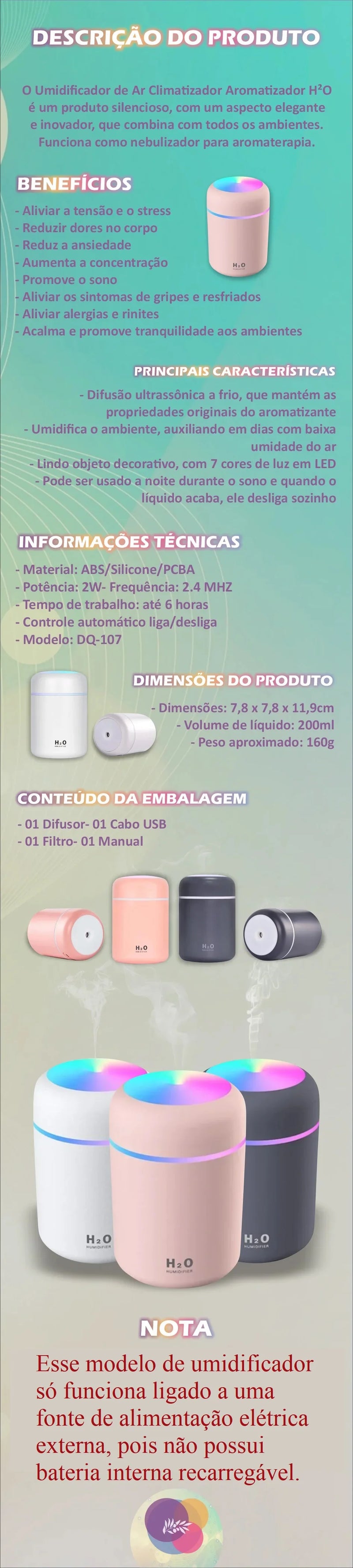 Difusor para Aromaterapia e Umidificador