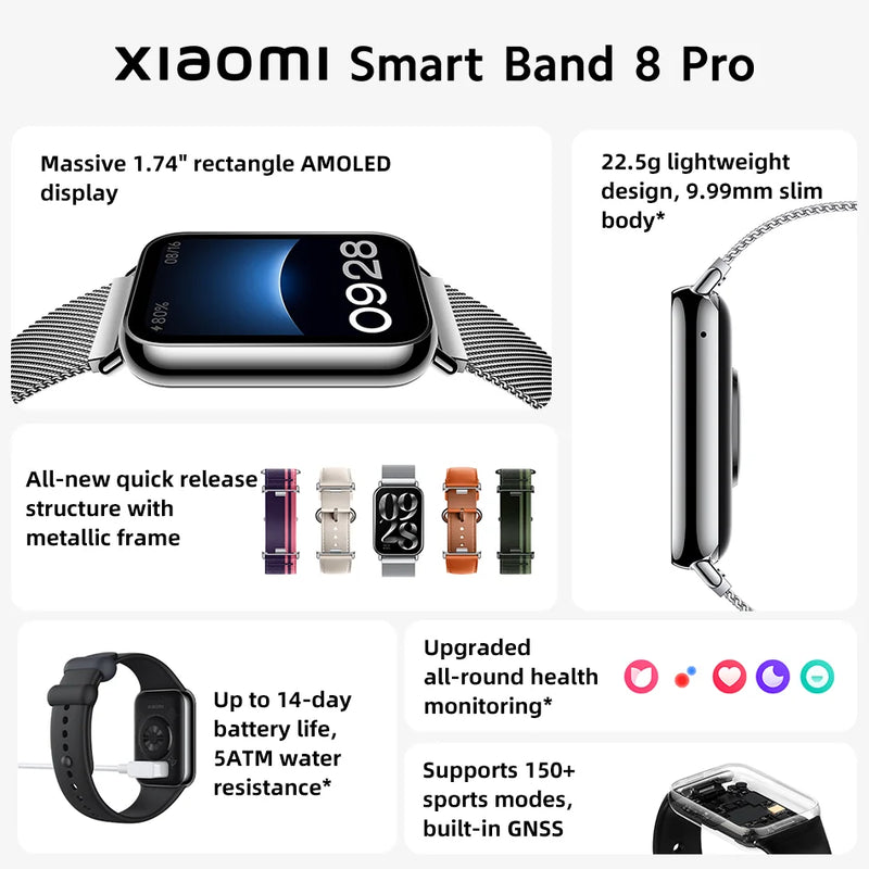 Global Version Xiaomi Smart Band 8 Pro 1.74" AMOLED 5ATM Bluetooth 5.3 GNSS 150+ Sports Modes Up to 14-day Battery Mi Bracelet